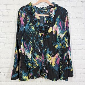 Abstract Blouse Women Plus 3X Ruffle Art to Wear Paint Boho Bell Sleeve Top